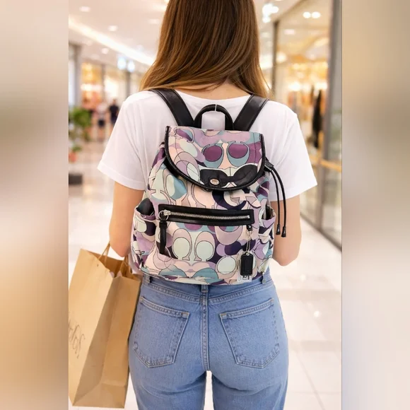 Coach Kyra Scarf Multicolor Patterned Backpack With Drawstring/Magnetic Closure - Picture 2 of 11